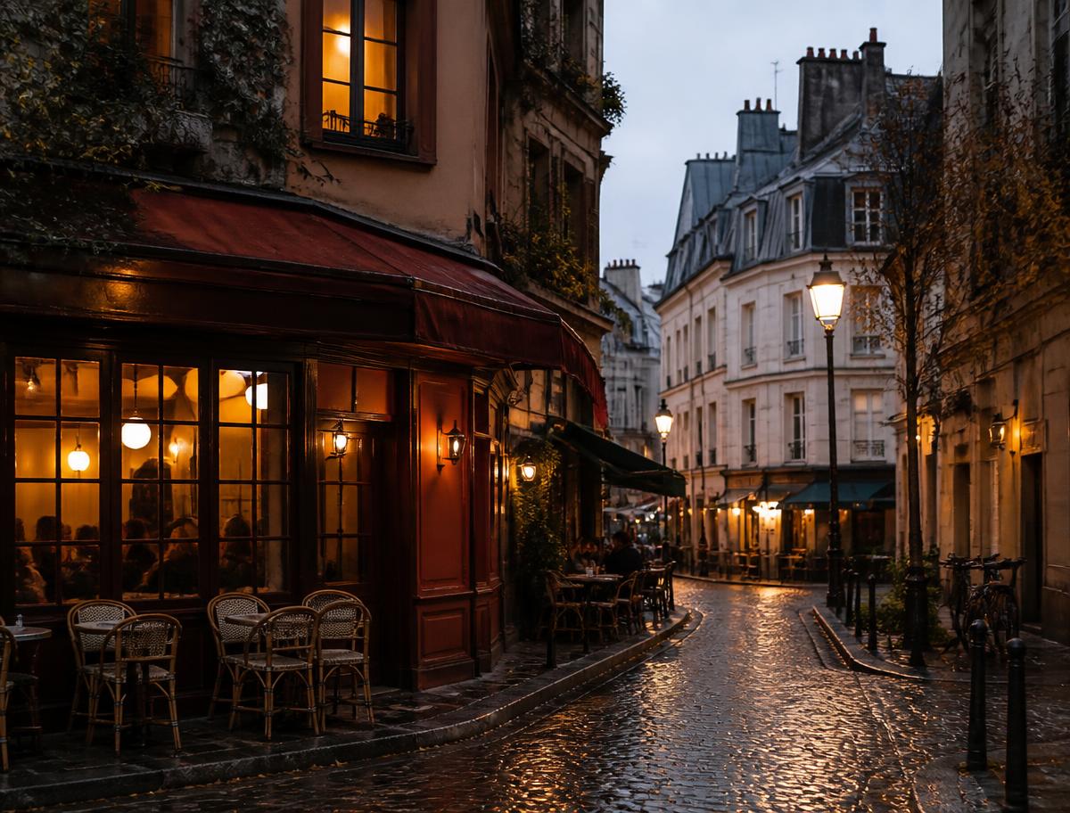 Lit restaurant windows on a Paris street in the evening